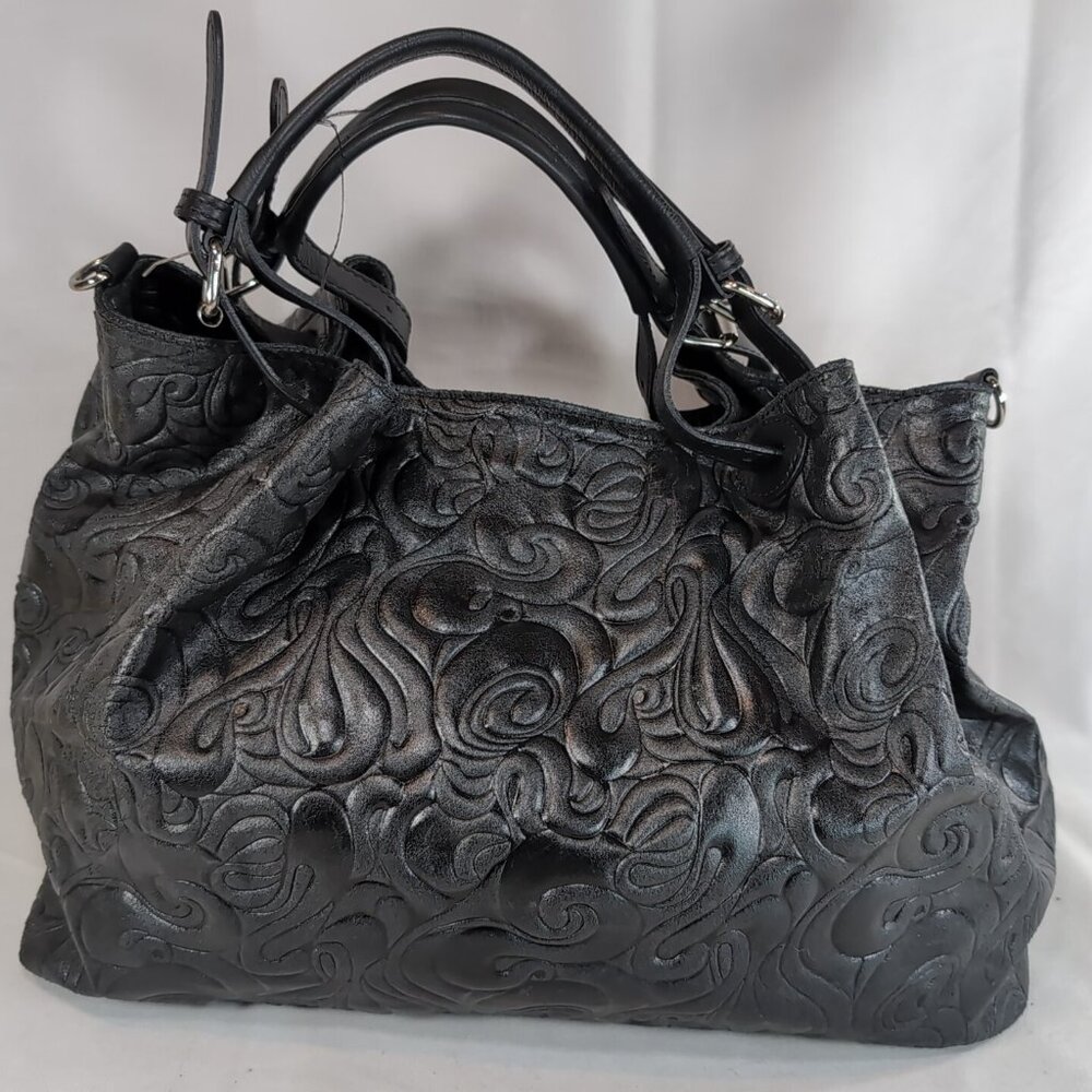 Isadora Italy Tooled Leather Purse Black Large Shoulder Bag Tote Swirls MSRP$425